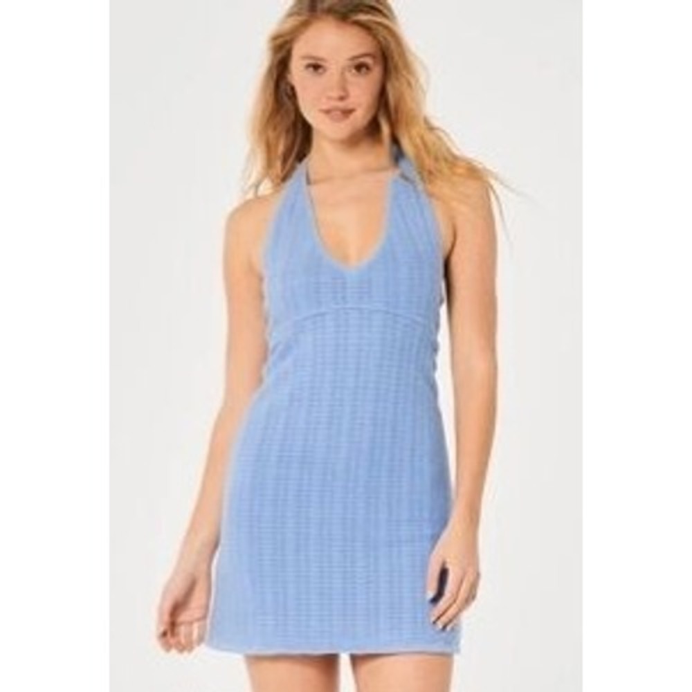 HOLLISTER HALTER KNIT CROCHET DRESS WOMEN'S SIZE SMALL LONG COLOR SKY BLUE